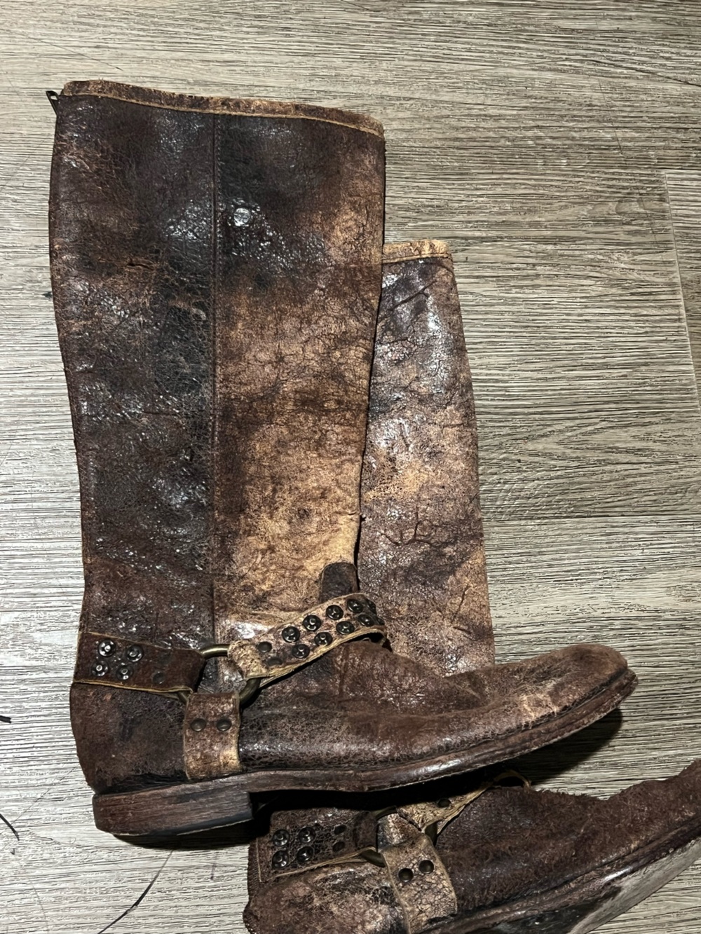 Frye tall Distressed Brown Leather Harness Boots